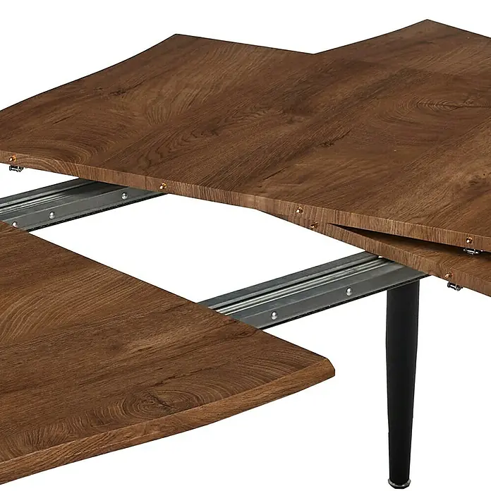 Home Deco Factory Mesa de comedor extensible Black Forest - L x An x Al: 90 x 210 x 75 cm, Negro/Roble - Imagen de una mesa de comedor extensible, que destaca los mecanismos de extensión y la chapa de madera.