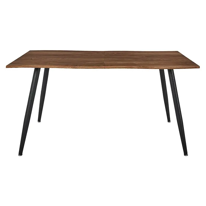 Home Deco Factory Mesa de comedor extensible Black Forest - L x An x Al: 90 x 210 x 75 cm, Negro/Roble - Una mesa de comedor rectangular con una tapa marrón y patas de metal negro.