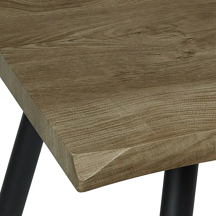 Home Deco Factory Mesa de comedor Black Forest - L x An x Al: 75 x 110 x 75 cm, Negro/Roble - Vista detallada de una robusta mesa de madera con grano distintivo y una moderna base de metal.