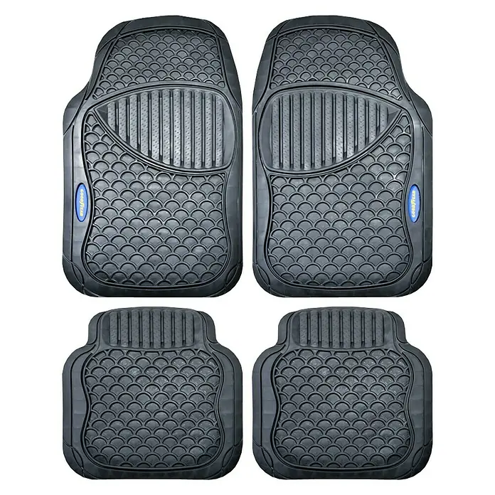 Goodyear Juego de alfombrillas para coche - 4 pzs., Negro - Alfombrillas de goma negras para coche, juego de cuatro piezas, con diseño acanalado y festoneado con el logo "Goodyear".