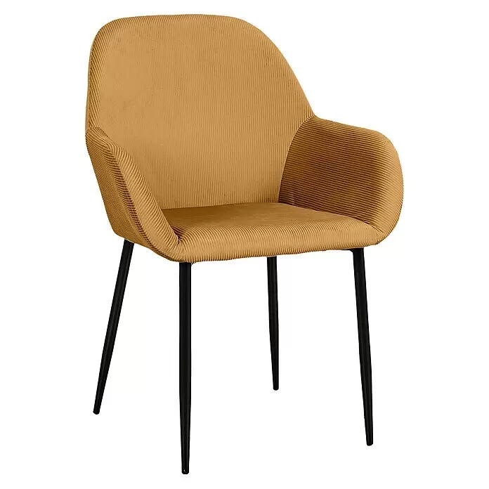 Home Deco Factory Silla butaca Giulia - Mostaza, 2 pzs. - Silla de comedor de terciopelo cotelé amarillo dorado con patas cónicas de metal negro.