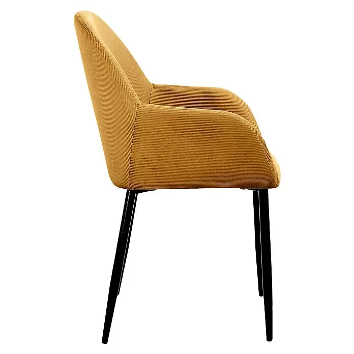 Home Deco Factory Silla butaca Giulia - Mostaza, 2 pzs. - Vista lateral de un sillón de tela acanalada amarillo mostaza con patas de metal negro.