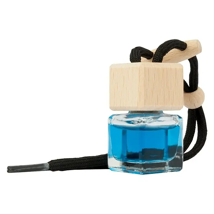 Ambientador de coche para colgar - Vainilla, 8 sem. - Botella de perfume con contenido azul, tapa de madera y cordón negro para coche o habitación, asegura un aroma fresca.