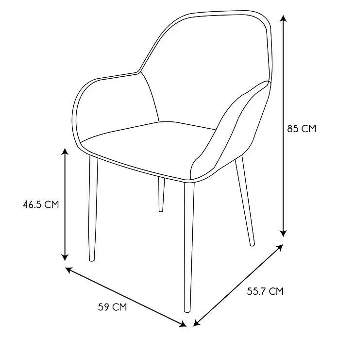Home Deco Factory Silla butaca Giulia - Mostaza, 2 pzs. - Dibujo lineal de un sillón con dimensiones: Altura 85 cm, asiento 46,5 cm, ancho 59 cm, profundidad 55,7 cm.
