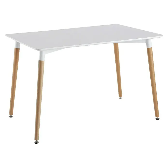 Home Deco Factory Mesa de comedor Mobilier Design - L x An x Al: 75 x 115 x 74 cm, Blanco/Haya - Esta mesa cuenta con una tapa blanca y patas de madera, añadiendo un toque de estilo a cualquier habitación. Su diseño moderno la convierte en un verdadero atractivo visual.