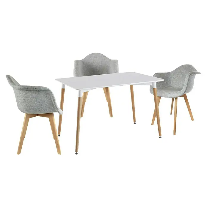 Home Deco Factory Mesa de comedor Mobilier Design - L x An x Al: 75 x 115 x 74 cm, Blanco/Haya - Conjunto de mesa de comedor con tablero blanco y tres sillas gris claro con patas de madera. Diseño moderno para el comedor.