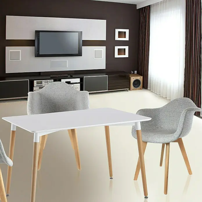 Home Deco Factory Mesa de comedor Mobilier Design - L x An x Al: 75 x 115 x 74 cm, Blanco/Haya - Interior elegante con una mesa blanca minimalista y sillas grises, que combinan diseño moderno y comodidad.