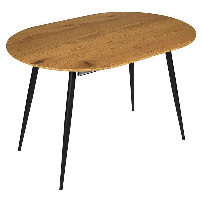 Home Deco Factory Mesa de comedor extensible Oval - L x An x Al: 80 x 160 x 76 cm, Negro - Una mesa ovalada de madera con patas negras sobre un fondo negro. El diseño natural de la madera de la superficie es visible.