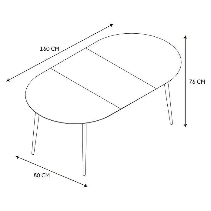 Home Deco Factory Mesa de comedor extensible Oval - L x An x Al: 80 x 160 x 76 cm, Negro - Ilustración de una mesa de comedor ovalada extensible con patas delgadas, acompañada de dimensiones.