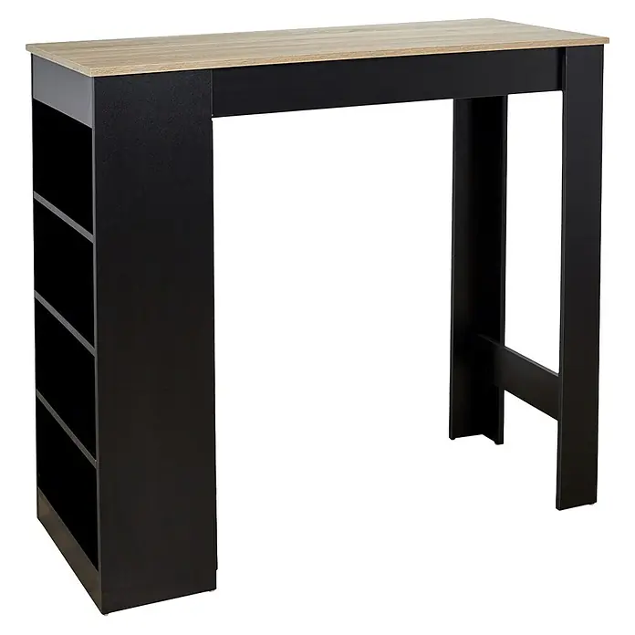Home Deco Factory Mesa alta Bristot Indus - L x An x Al: 50 x 115 x 103 cm, Negro/Roble - Esta mesa de bar negra y roble con estantes ofrece un almacenamiento elegante. Ideal para cocina o bar.