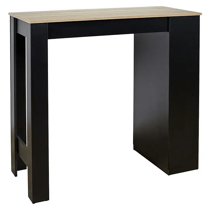 Home Deco Factory Mesa alta Bristot Indus - L x An x Al: 50 x 115 x 103 cm, Negro/Roble - Mesa de bar negra con tablero de color marrón claro. La mesa tiene un diseño moderno y es ideal para la cocina o el comedor.