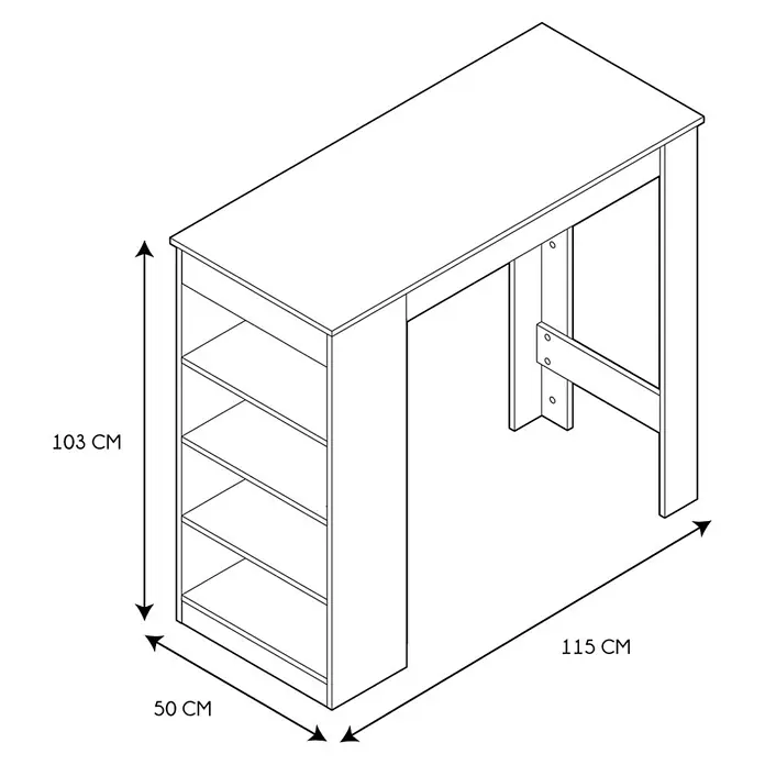 Home Deco Factory Mesa alta Bristot Indus - L x An x Al: 50 x 115 x 103 cm, Negro/Roble - Ilustración de un escritorio con estanterías en el lado izquierdo y dimensiones de 103 cm de altura, 50 cm de ancho y 115 cm de profundidad.