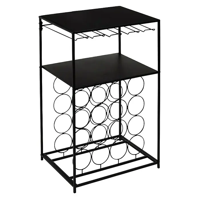 Home Deco Factory Botellero Bristot Indus - L x An x Al: 35 x 45 x 70 cm, 16 Botellas, Hierro - Botellero negro con dos estantes y colgadores para copas de vino, ideal para almacenar vino y copas con estilo.
