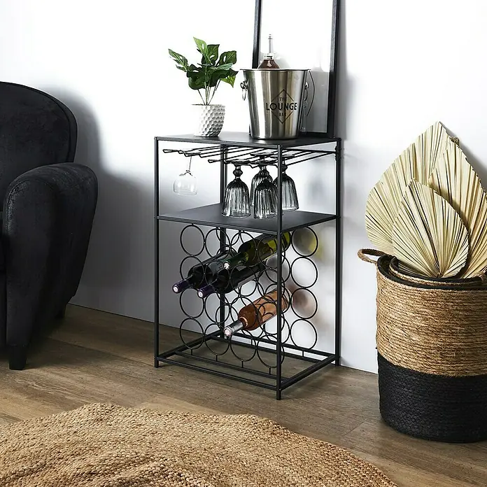 Home Deco Factory Botellero Bristot Indus - L x An x Al: 35 x 45 x 70 cm, 16 Botellas, Hierro - Un elegante botellero con portavasos y estantes para botellas, perfecto para guardar con estilo sus vinos y copas.