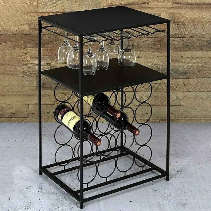 Home Deco Factory Botellero Bristot Indus - L x An x Al: 35 x 45 x 70 cm, 16 Botellas, Hierro - Vinoteca con soporte para copas y dos botellas, elegante y práctica para amantes del vino.