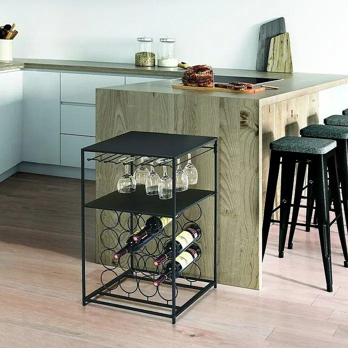 Home Deco Factory Botellero Bristot Indus - L x An x Al: 35 x 45 x 70 cm, 16 Botellas, Hierro - Elegante botellero de metal con soporte para copas y espacio para varias botellas, ideal para guardar vino y copas con estilo.
