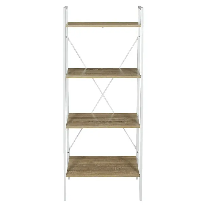 Estantería de madera Natural Crush - L x An x Al: 32 x 60 x 148 cm, Blanco - Imagen de una estantería de cuatro niveles con marco de metal blanco y estantes de madera. La estantería tiene un diseño sencillo y moderno.