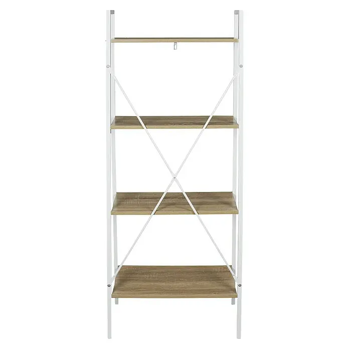 Estantería de madera Natural Crush - L x An x Al: 32 x 60 x 148 cm, Blanco - Librería moderna con cuatro niveles en aspecto de madera y estructura metálica blanca. Ideal para salón, oficina o dormitorio para un almacenamiento elegante.