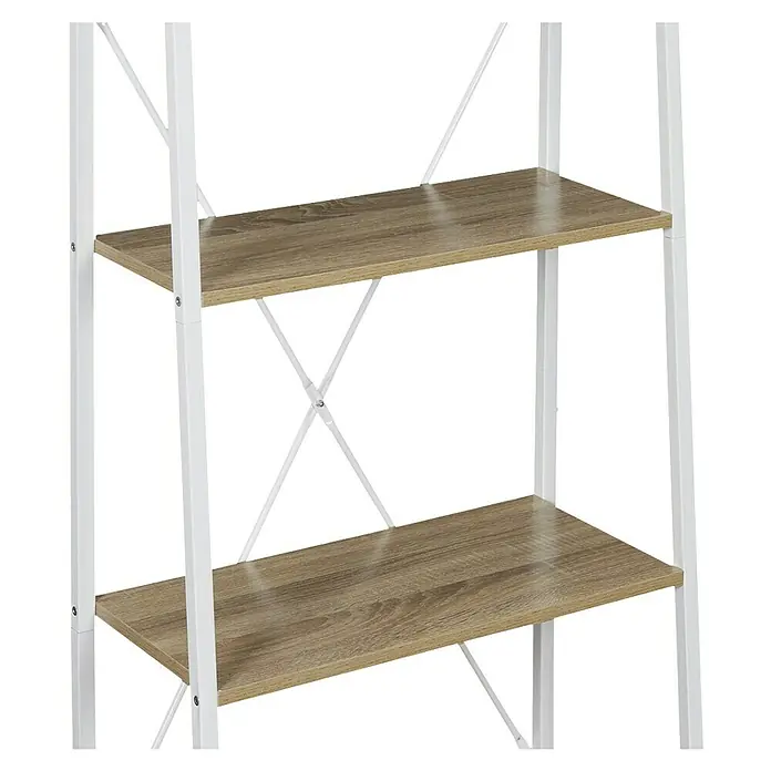 Estantería de madera Natural Crush - L x An x Al: 32 x 60 x 148 cm, Blanco - Primer plano de una estantería con estantes de madera y estructura metálica blanca, que combina diseño moderno y funcionalidad.