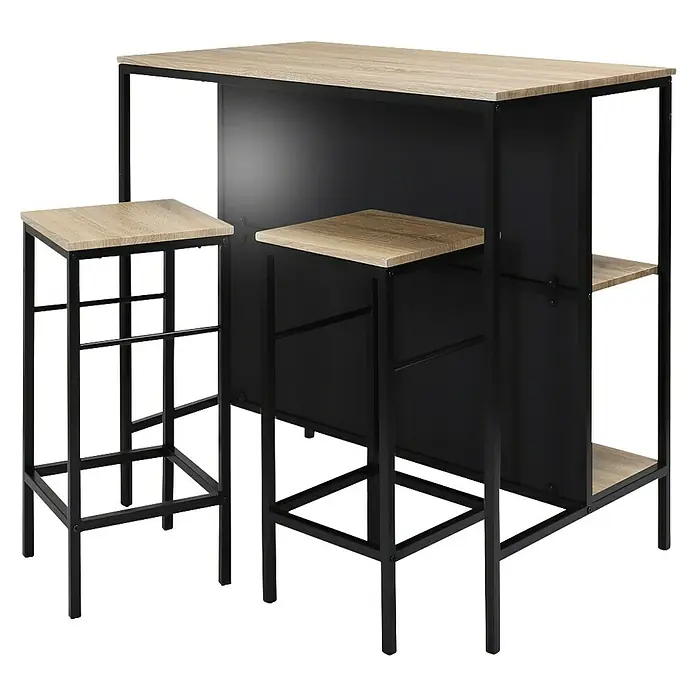 Home Deco Factory Mesa alta con taburetes Loka - L x An x Al: 60 x 100 x 95 cm, Negro/Roble, 3 pzs. - Elegante conjunto de bar con mesa y dos taburetes. Destaca por su diseño moderno con elementos de madera y metal. Ideal para la cocina o la sala de estar.