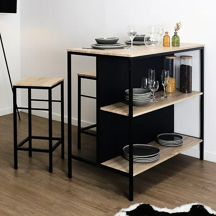 Home Deco Factory Mesa alta con taburetes Loka - L x An x Al: 60 x 100 x 95 cm, Negro/Roble, 3 pzs. - Conjunto moderno de isla de cocina con taburetes, diseño elegante con elementos de madera y metal, ideal para comedor o cocina.