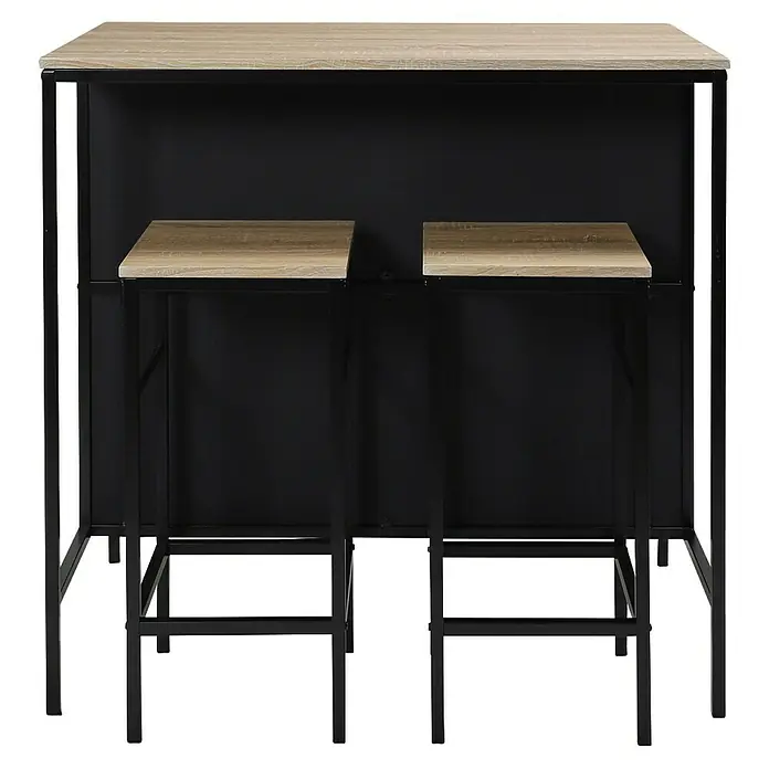 Home Deco Factory Mesa alta con taburetes Loka - L x An x Al: 60 x 100 x 95 cm, Negro/Roble, 3 pzs. - Esta imagen muestra un conjunto de bar, con una mesa y dos taburetes, definido por un diseño sencillo con elementos de madera clara y marco de metal negro.