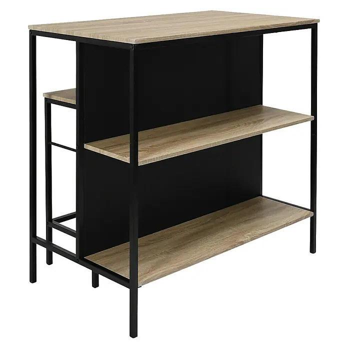 Home Deco Factory Mesa alta con taburetes Loka - L x An x Al: 60 x 100 x 95 cm, Negro/Roble, 3 pzs. - Elegante mesa de bar con estantes de madera y estructura de metal negro. Ideal para cocinas o salones, ofreciendo almacenamiento y diseño moderno.