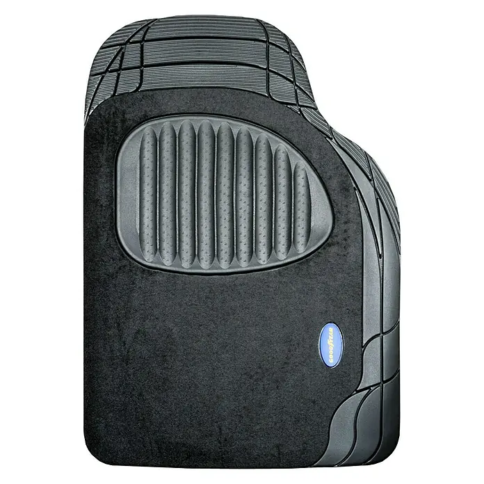 Goodyear Juego de alfombrillas para coche - Negro, 4 pzs. - Una alfombrilla negra Goodyear con un patrón acanalado y una textura con tacos, diseñada para un agarre óptimo y protección interior del vehículo.