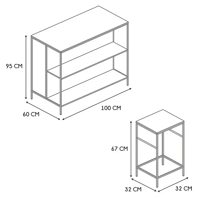 Home Deco Factory Mesa alta con taburetes Loka - L x An x Al: 60 x 100 x 95 cm, Negro/Roble, 3 pzs. - Representación de una estantería con tres compartimentos y una pequeña mesa auxiliar. Ambas piezas tienen un diseño minimalista.