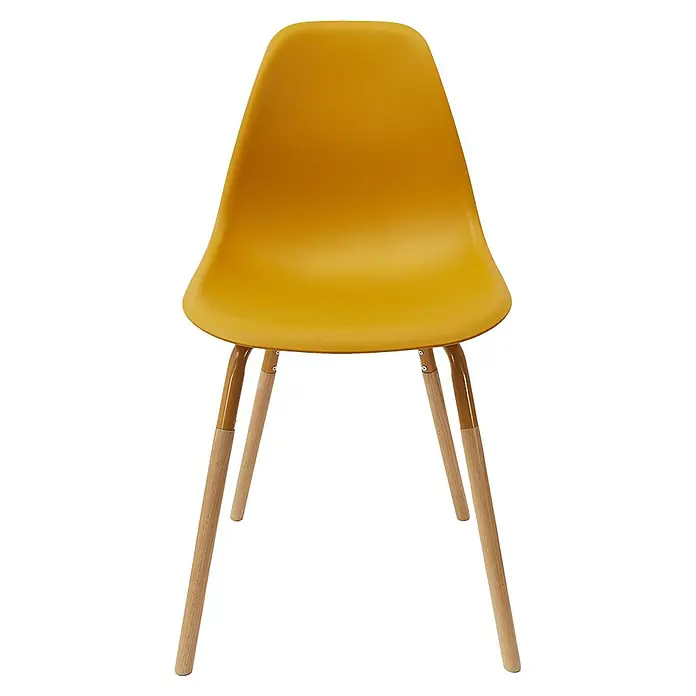Silla Phenix - Mostaza, 4 pzs. - La silla de color amarillo mostaza cautiva por su forma moderna y la combinación de carcasa de plástico y patas de madera. Ideal para comedores elegantes.