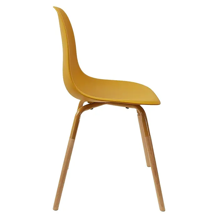Silla Phenix - Mostaza, 4 pzs. - Silla amarilla con patas de madera. El mueble presenta un asiento curvo y un respaldo alto, que proporcionan comodidad y estilo.