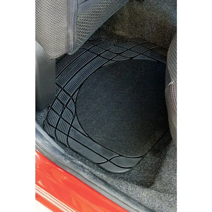 Goodyear Juego de alfombrillas para coche - Negro, 4 pzs. - Alfombrilla negra para coche con bordes de goma y centro textil. Protege el piso del vehículo de la suciedad y el desgaste.