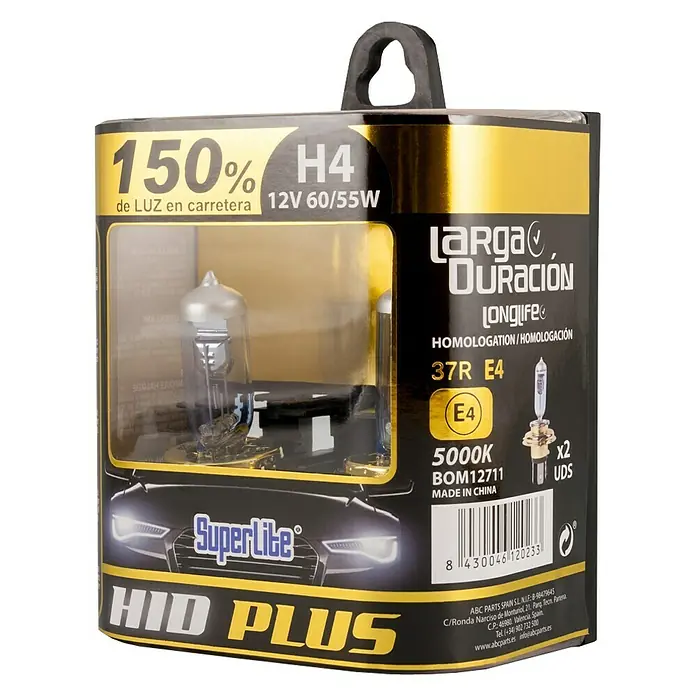Bombilla para faro delantero BOM12711 - 12 V, 2 ud., Blanco - Kit de bombillas SuperLite HID PLUS H4, 150% más de luz en la carretera, 12V 60/55W, para mayor visibilidad y seguridad.