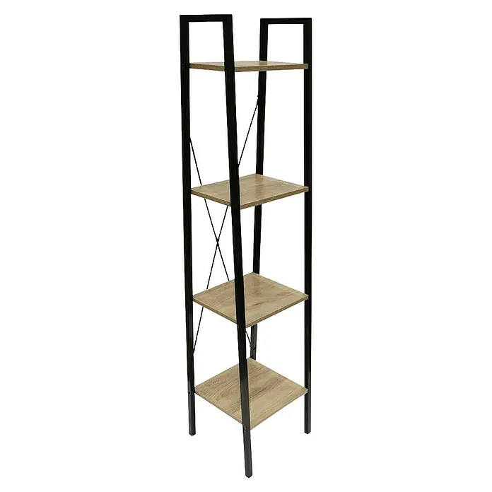 Estantería de madera Bristot Indus - L x An x Al: 32 x 34 x 148 cm, Negro - La imagen muestra una estantería con estantes de madera y una estructura de metal negro. La estantería tiene cuatro estantes y ofrece mucho espacio.