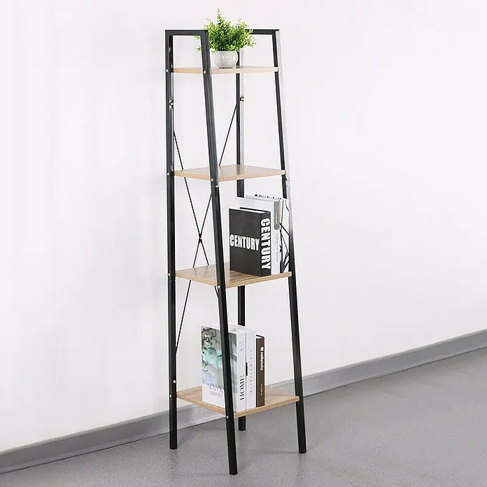 Estantería de madera Bristot Indus - L x An x Al: 32 x 34 x 148 cm, Negro - Estantería de escalera moderna de madera y metal con cuatro estantes, perfecta para libros y decoración.