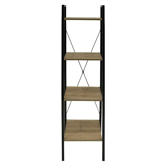 Estantería de madera Bristot Indus - L x An x Al: 32 x 34 x 148 cm, Negro - La imagen muestra una estantería con cuatro estantes marrones y una estructura de metal negra. Es una solución de almacenamiento elegante y práctica.