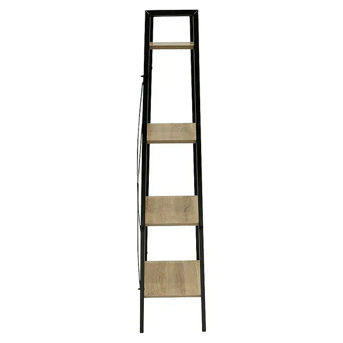 Estantería de madera Bristot Indus - L x An x Al: 32 x 34 x 148 cm, Negro - Una estantería delgada con estructura metálica negra y cuatro estantes de madera marrón claro. Ideal para la decoración moderna del hogar.