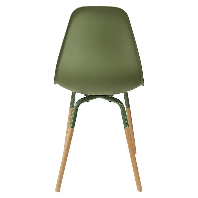 Silla Phenix - Verde, 4 pzs. - Una silla verde oliva con patas de madera y un respaldo llamativo, que combina la estética moderna y la funcionalidad.