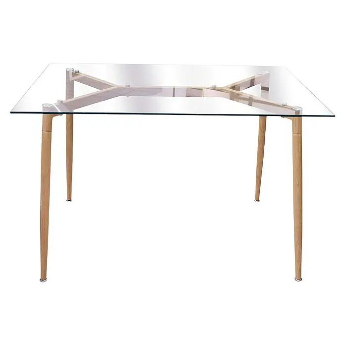 Mesa de comedor Cristal - L x An x Al: 75 x 115 x 75 cm, Transparente - Una mesa de comedor cuadrada con una tapa de vidrio transparente y patas de madera clara, que ofrece un diseño moderno y aireado.