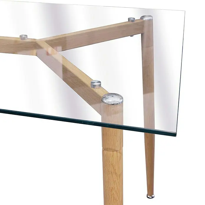 Mesa de comedor Cristal - L x An x Al: 75 x 115 x 75 cm, Transparente - Primer plano de una mesa de cristal moderna con estructura de madera. Diseño elegante para espacios habitables con estilo.
