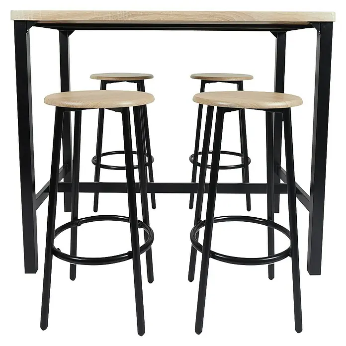 Home Deco Factory Mesa alta con taburetes Loka - L x An x Al: 60 x 100 x 86 cm, Marrón/Negro - Un conjunto de mesa de comedor con cuatro taburetes de bar, perfecto para cualquier cocina o comedor. El mueble presenta un diseño moderno en madera y metal.