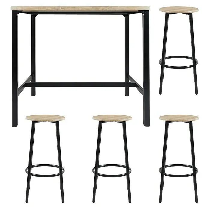 Home Deco Factory Mesa alta con taburetes Loka - L x An x Al: 60 x 100 x 86 cm, Marrón/Negro - Conjunto de comedor con una mesa de bar con tapa de madera clara y estructura metálica oscura, acompañada de tres taburetes de estilo similar.