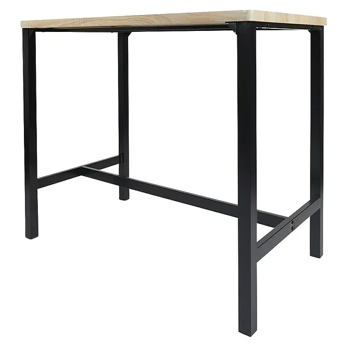 Home Deco Factory Mesa alta con taburetes Loka - L x An x Al: 60 x 100 x 86 cm, Marrón/Negro - Una mesa de bar moderna con una tapa de madera clara y una estructura metálica negra robusta, ideal para fiestas de pie elegantes.