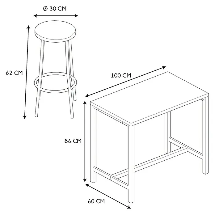 Home Deco Factory Mesa alta con taburetes Loka - L x An x Al: 60 x 100 x 86 cm, Marrón/Negro - Vista dimensionada de una mesa de bar con taburete: mesa de 100x60x86 cm, taburete de Ø30 cm, 62 cm de alto.