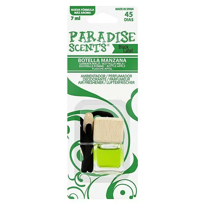 Ambientador de coche para colgar - Manzana, 8 sem. - Ambientador de coche Paradise Scents empaquetado, botella de cristal con líquido verde, tapa de madera y cordón negro, aroma a manzana.