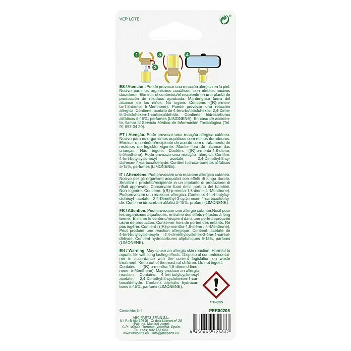 Ambientador de coche para colgar - Manzana, 8 sem. - Etiqueta blanca de producto químico, mostrando advertencias multilingües, diagramas de uso, detalles del producto y un código de barras.