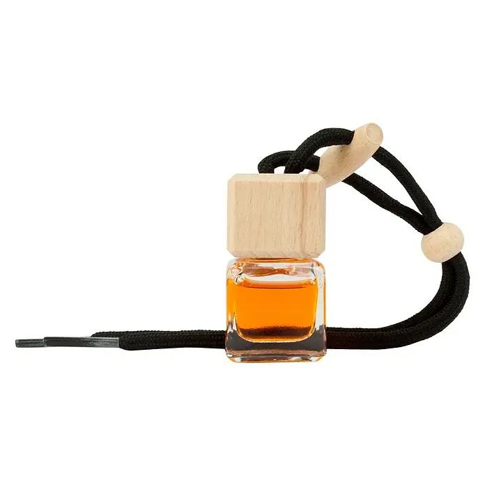 Ambientador de coche para colgar - Naranja, 8 sem. - Ambientador con tapón de madera y cordón negro, lleno de líquido naranja, proporciona aromas agradables para cualquier espacio.