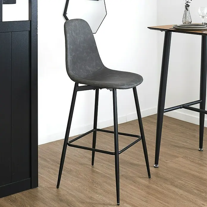 Home Deco Factory Taburete de cocina Amber - Gris, 2 pzs. - Taburete de bar gris con estructura de metal negro, ideal para cocina o bar. Diseño elegante para confort moderno.