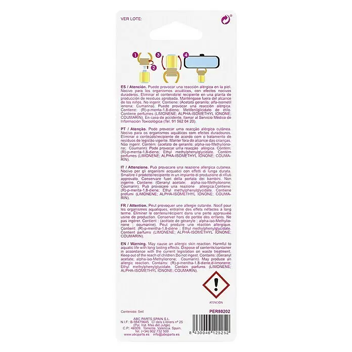 Ambientador de coche para colgar - Fresa, 8 sem. - Envase blanco con advertencias e instrucciones de uso multilingües, con ilustraciones amarillas de un pequeño difusor de aroma.