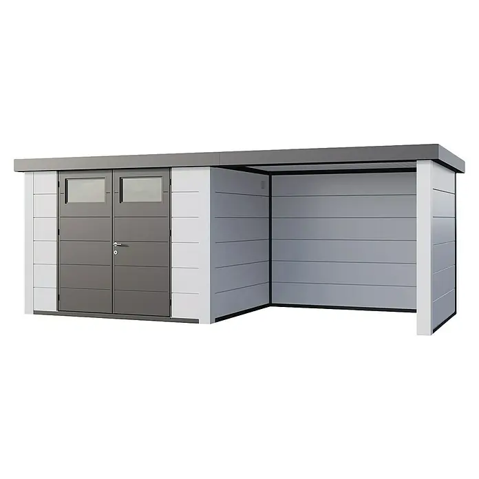 Telluria Metallgerätehaus Classico 3024 mit Lounge S rechts inkl. Elektro-Set - Außenmaß inkl. Dachüberstand (B x T): 602 x 258 cm, Stahl, Weiß, Inkl. Innenwandverkleidung & Elektro-Set - Ein modernes Gartenhaus mit Doppeltür und offenem Bereich, ideal für die Aufbewahrung von Gartengeräten oder als Unterstand.